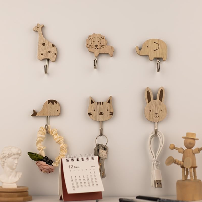 HASTHIP® 6Pcs Wooden Wall Hooks Cartoon Wooden Wall Hooks Home Decor Decorative Self-Adhesive Wall Hooks for Room, Kitchen, Entry HASTHIP® 6Pcs Wooden Wall Hooks Cartoon Wooden Wall Hooks Home Decor Decorative Self-Adhesive Wall Hooks for Room, Kitchen, Entry
